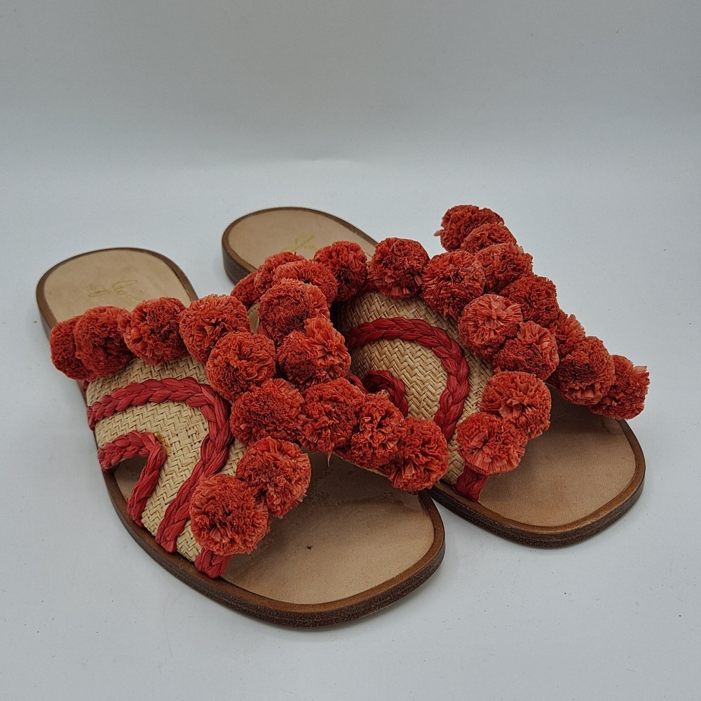 NEW Womens Joie Paden Pom-Pom Wicker Flat Sandals Slides Shoes Size 6.5